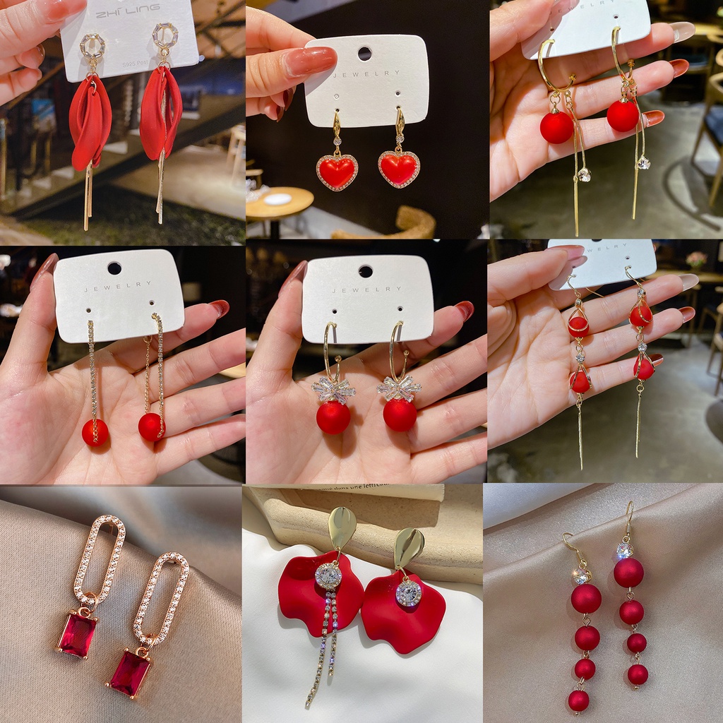 11 kinds of red long tassel pearls with diamonds for ladies cute ear hook earrings Korean fashion jewelry accessories to attend wedding banquets best factory wholesale in stock