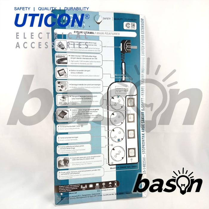 UTICON ST1482SW Power Extension - Stop Kontak 4Lubang 1.5Meter Arde dengan individual switch