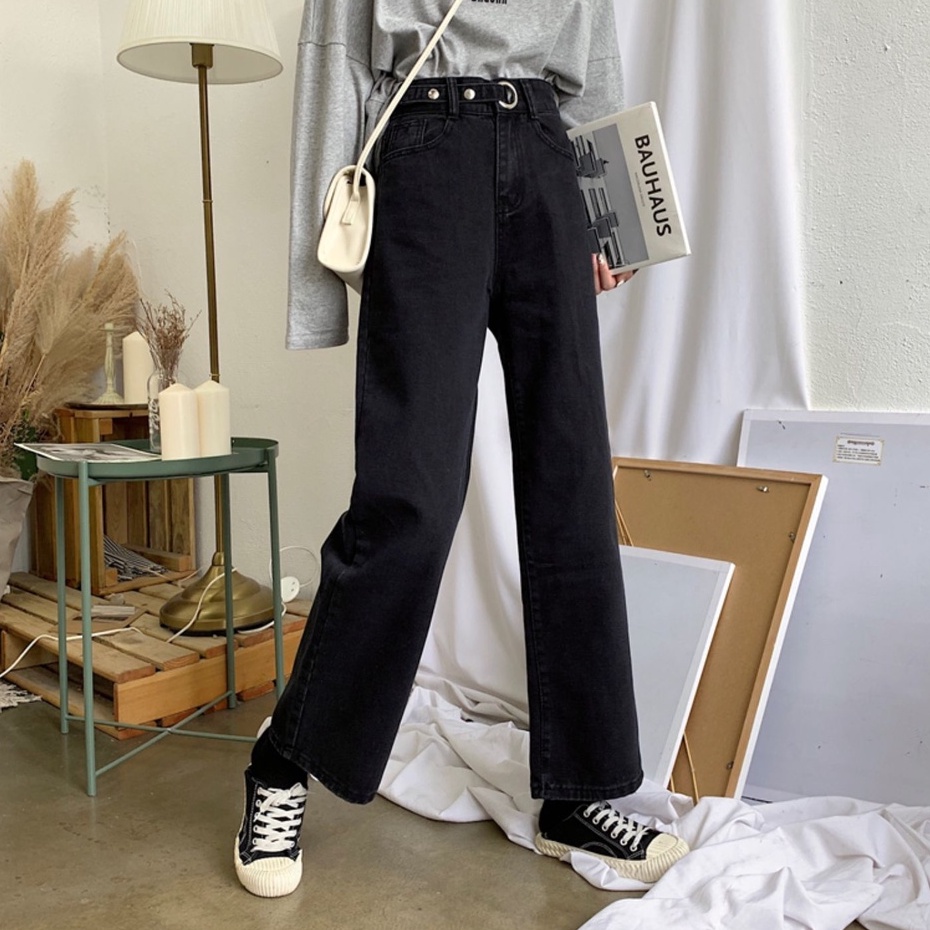 hitam korean style highwaist straight loose celana jeans panjang wanita\ BF kulot celana jens import