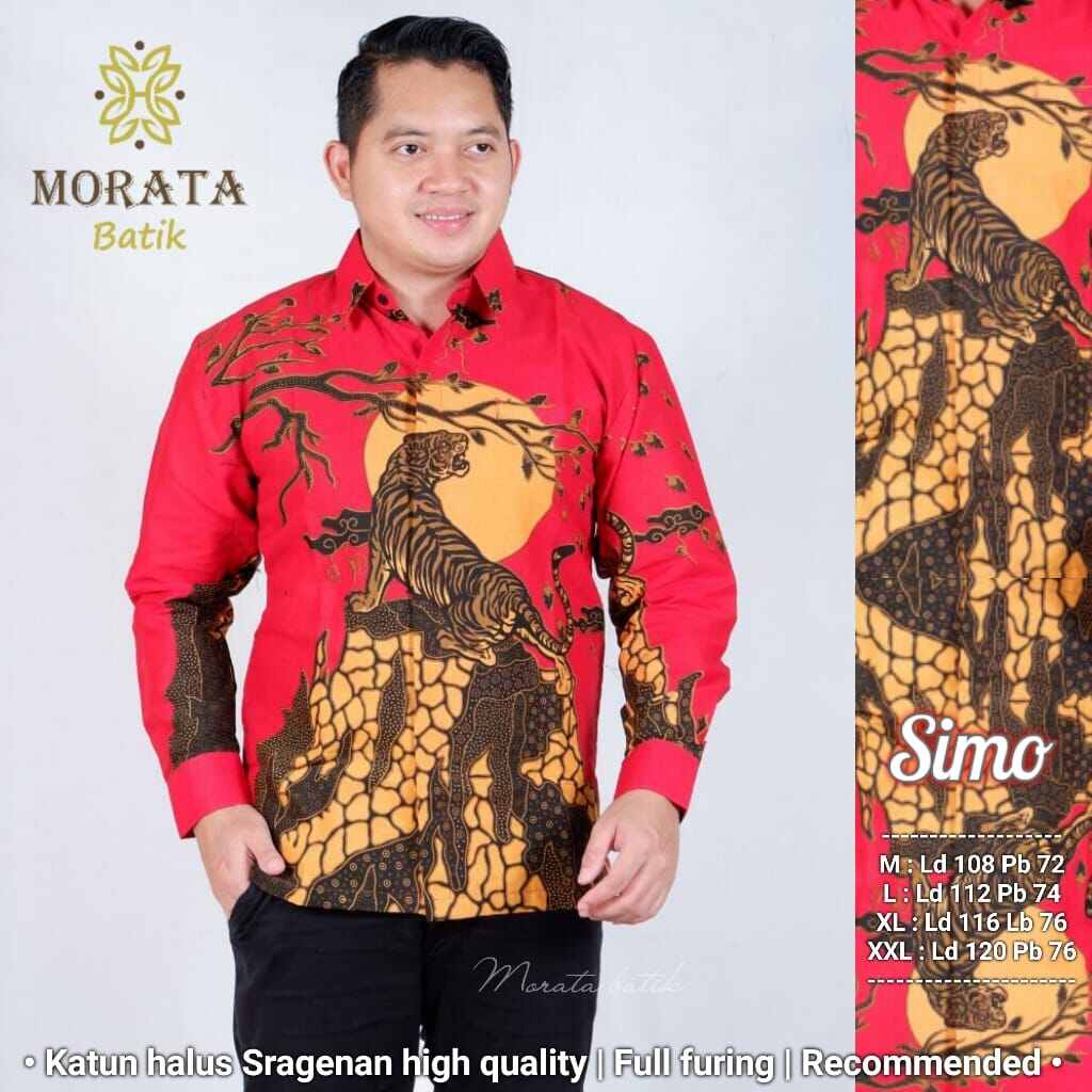 Kemeja batik warna merah terbaru full furing / batik lengan panjang pria terbaru macan merah lapis furing / batik harimau merah terbaru