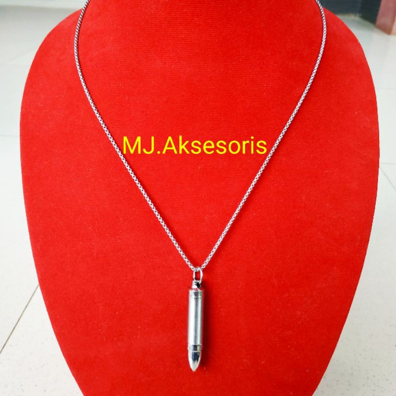Kalung Peluru Pria Kalung Cowok Titanium Model Peluru Silver Stainless