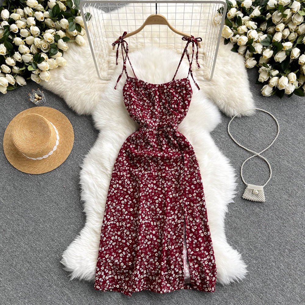 #Sisjuly# Wanita Floral Sling Dress Slim Pinggang Tipis Temperamen Mid-Length Backless Desain Gaun C