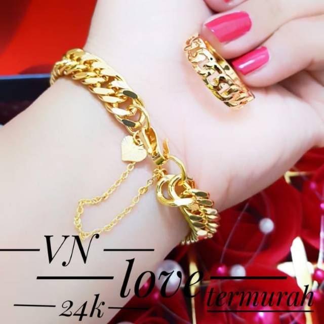 Set perhiasan xuping lapis emas 24k gelang dan cincin rantai