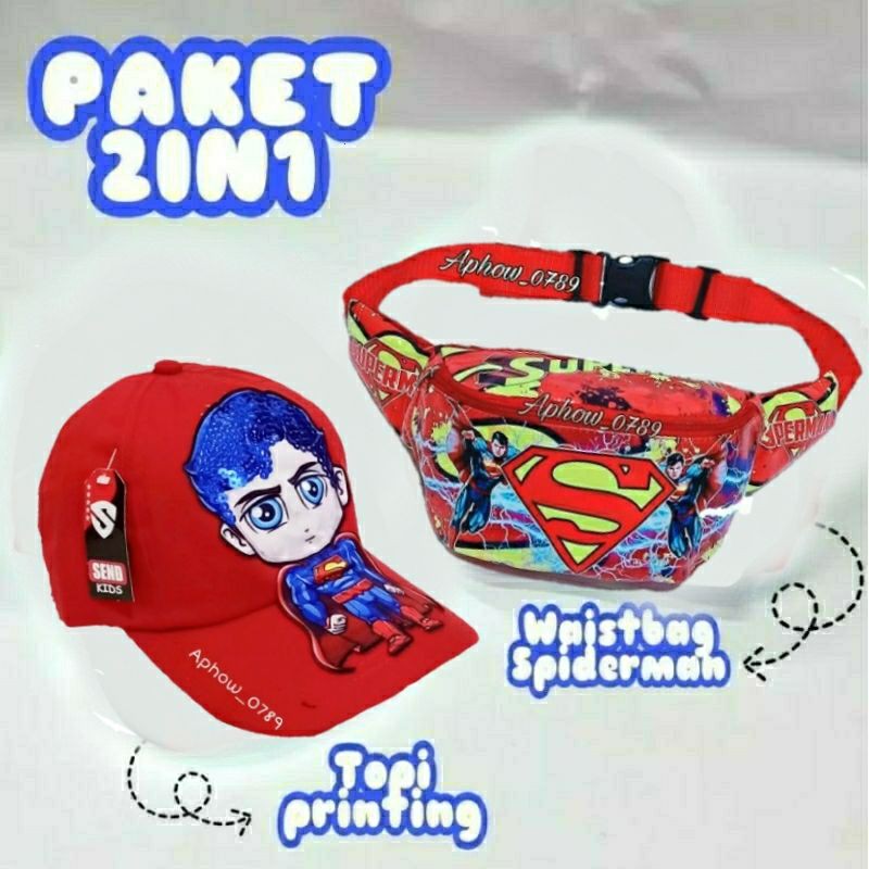 WESTBAG ANAK PAKET 2IN1 WAISTBAG ANAK MOTIF KARTUN DAN TOPI PRINTING