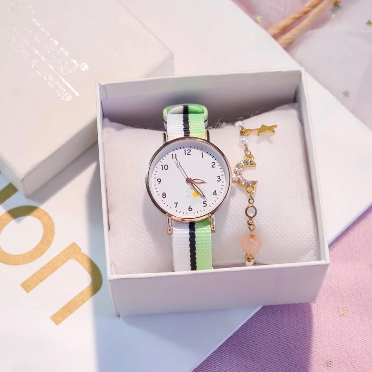 Jam Tangan Analog Wanita Gaya Korea Strap Canvas Warna-Warni Dial Bulat Motif Bunga Daisy-50-6 #5 Putih Hijau