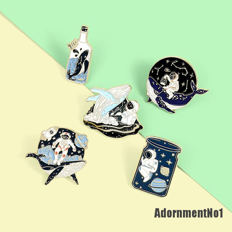 (Adornmentno1) 5pcs / Set Bros Pin Enamel Bentuk Astronot Whale Wishing Bottle