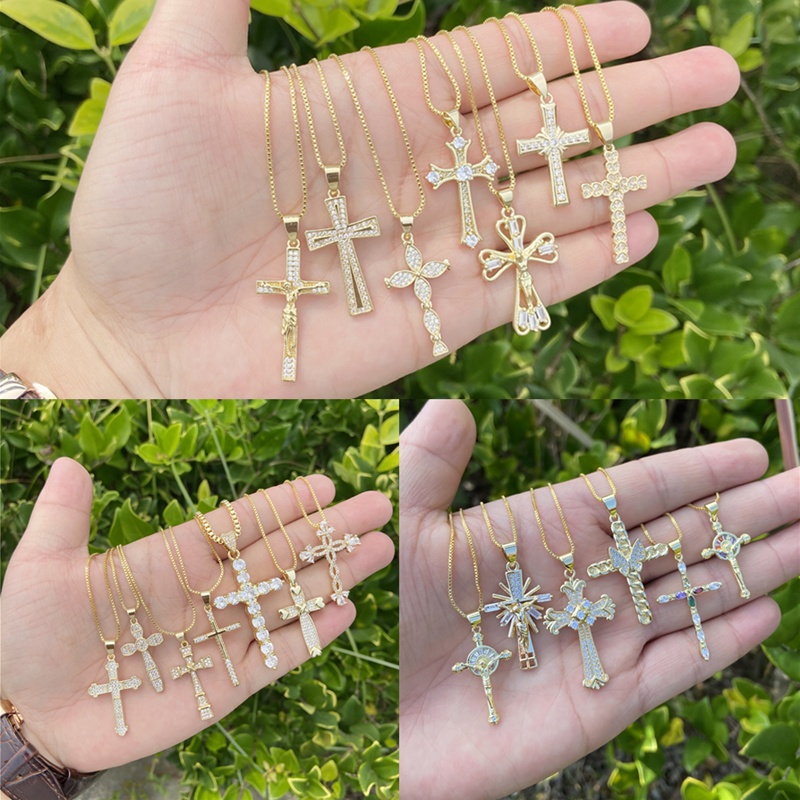 Kalung Liontin Salib Lapis Emas 18K Hias Cubic Zirconia Hypoallergenic Untuk Unisex