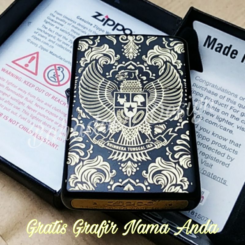 ZIPPO BLACK MATTE CUSTOM GRAFIR GARUDA BATIK DESIGN PREMIUM QUALITY MIRROR