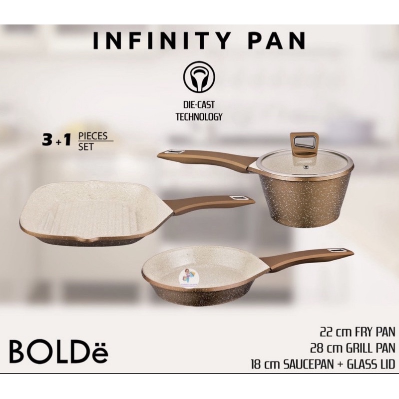 [ Bolde ] Wajan / Panci / Grillpan / Penggorengan INFINITY PAN set Bolde 3+1 Gold Frypan Saucepan