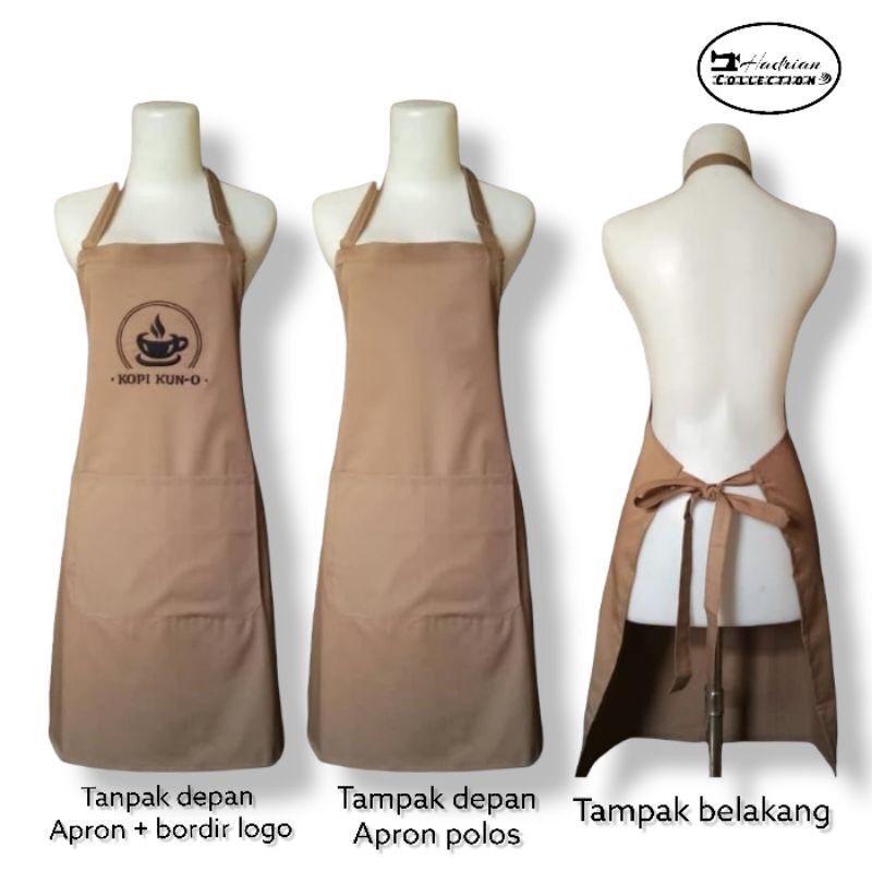 Celemek Apron Kitchen Barista Waitres Dapur Polos dan Custom bordir- Cokelat Muda