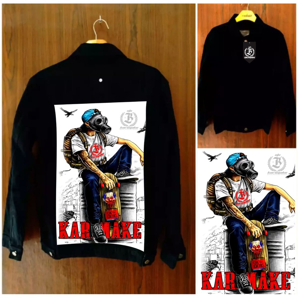 Eta Karimake jaket jeans hitam pekat gambar belakang seketboard putih printing 3 dimensi terbaru
