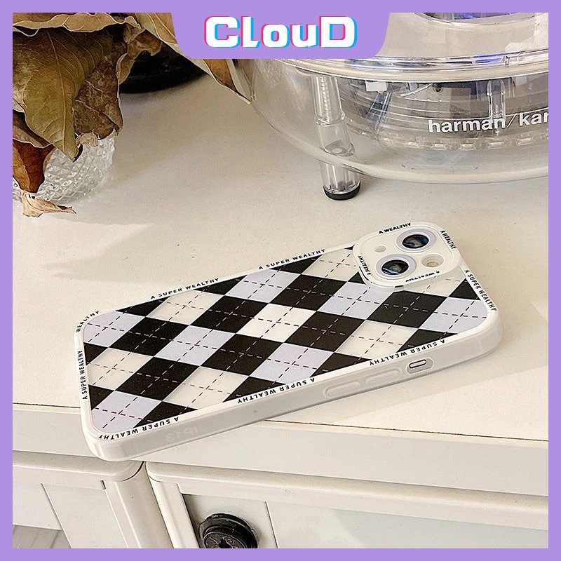 IPHONE Casing Ponsel Motif Grid Berlian Hitam Biru Kompatibel Untuk Iphone11 13 12 14 Pro Max6 6s 7 8 Plus X XR XS MAX SE 2020pelindung Kamera Angel Eyes Lembut Shockproof Penutup Anti Jatuh