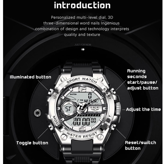 LIGE Jam Tangan Digital Pria Multifungsi Arloji Bercahaya Waktu Ganda Kalender Jam Tangan Elektronik + Kotak