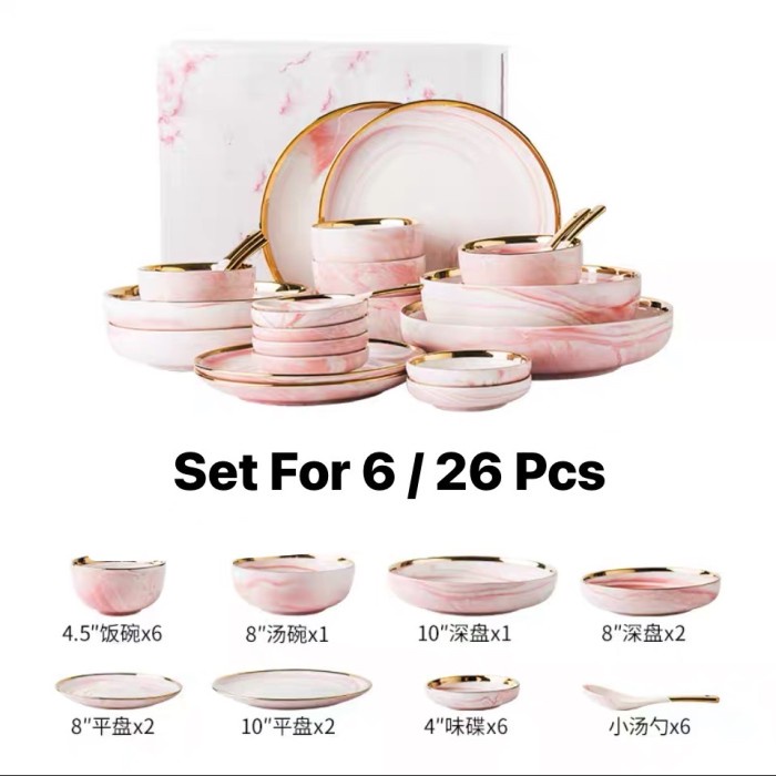 Dinner Set For 6 26 pcs Ceramic Pink Marble Mangkok Piring keramik - Merah Muda