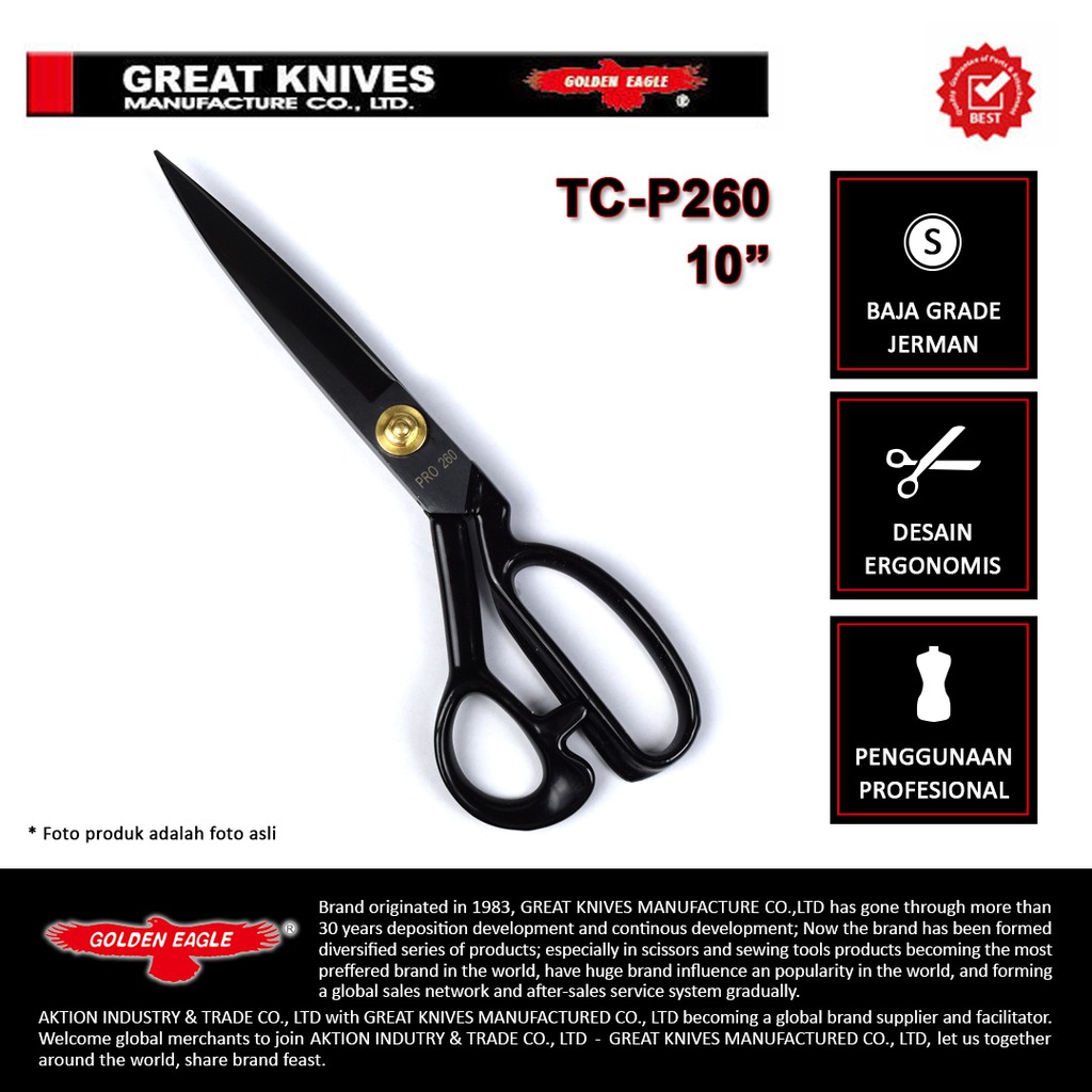 Gunting Potong Bahan Kain Golden Eagle 10 inch TC-P260 - Tailor Scissor