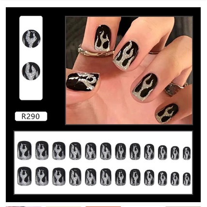 24PCS NEW KUKU PALSU MOTIF FLAME ABSTRACT KUKU PALSU MOTIF LEBARAN TIDAK PASARAN FAKE NAILS