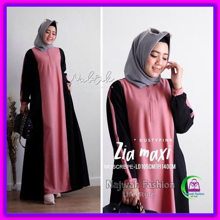 Jual Baju Long Dress Busui Wanita Moscrepe Maxi Dress Gamis Syari Zia Merah Muda Murah