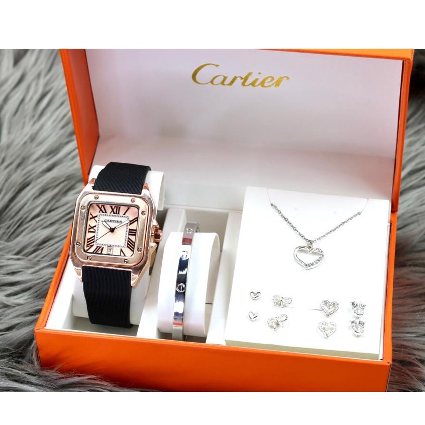 [ COD ] Jam Tangan Fashion Wanita Cartier PW Strap Rubber Tanggal Aktif Plus Set Paket Merlose