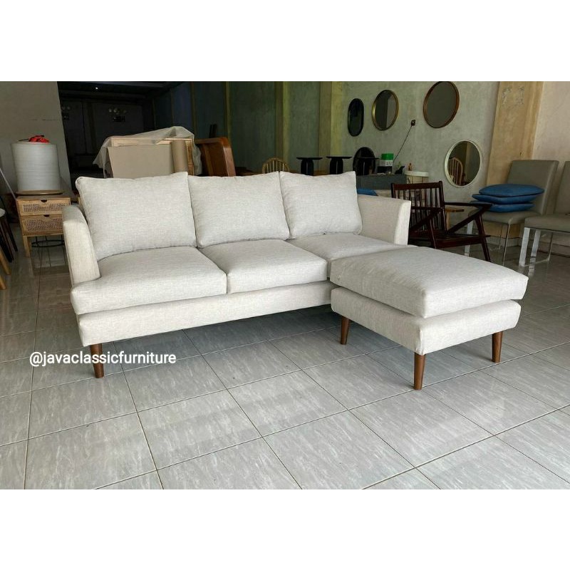 SOFA BED L TV RUANG TAMU SCANDINAVIA / KURSI SOPA 3 SEATER JOK RETRO SANTAI MINIMALIS KAYU JATI JEPARA-2