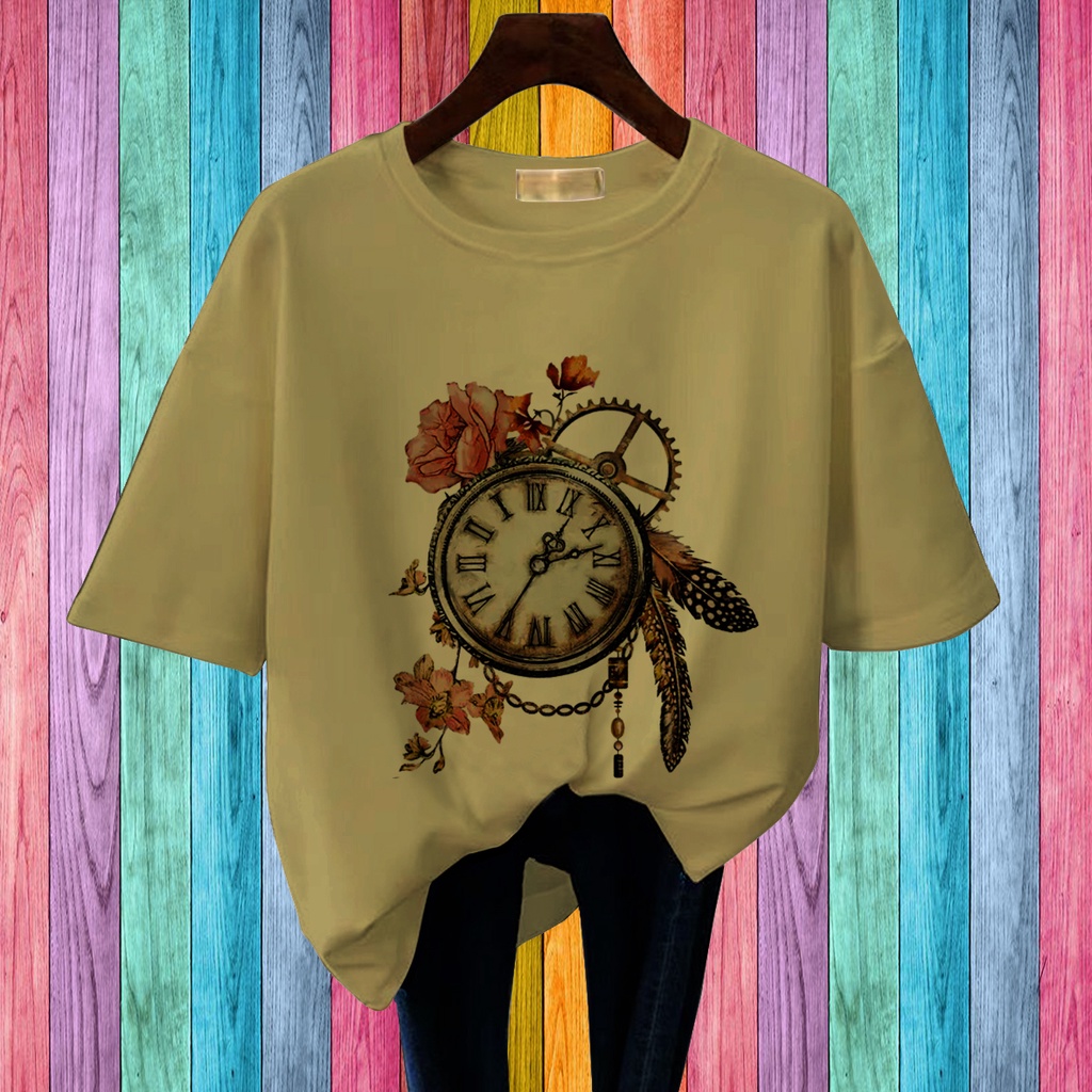 CALVIERO SHOP - BAJU KAOS WANITA DEWASA PRINT CLOCK VINTAGE CASUAL