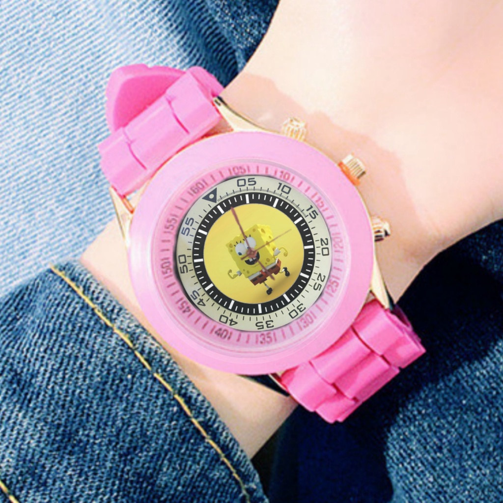 Jam Tangan Wanita SPONGEBOB SQUAREPANTS KARTUN Custom Keren Terbaru 07 Cewek Warna Hitam Pink Kulit 