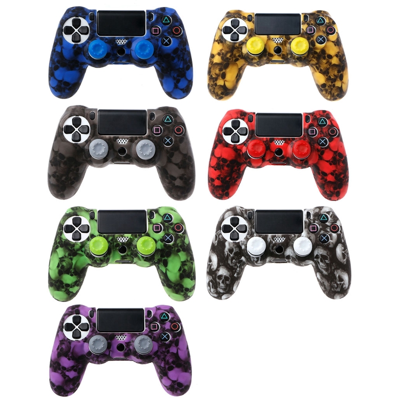 Set Casing Gamepad Controller PS4 Pro Bahan Silikon Motif Tengkorak Ada 7 Warna+2 Tutup Joystick Cap