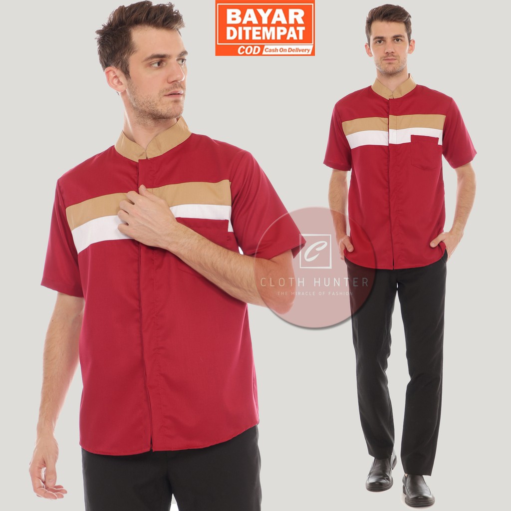 Baju Kemeja Koko Pria Lengan Pendek QAHTAN Maroon Polos Bahan Katun Toyobo Adem Baju Muslim Pria Dewasa Terbaru