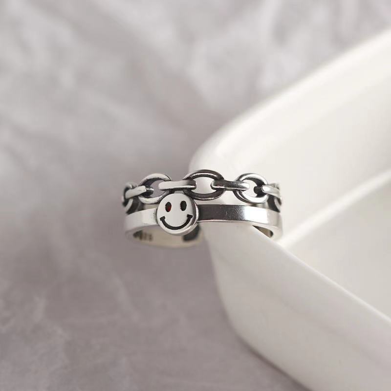 Retro silver distressed craftsmanship smile smiley chain opening ring adjustable 210807