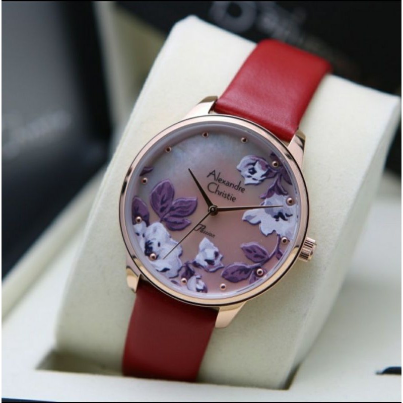 ORI GARANSI JAM TANGAN WANITA ALEXANDRE CHRISTIE CEWEK RED ROSEGOLD KULIT ALEXANDER CRISTIE AC 2926