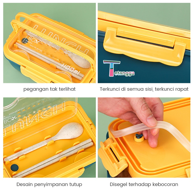 Lunch Box Set Kotak Bekal Makan Siang Bahan Jerami Pegangan Melengkung + Sendok Dan Sumpit memiliki