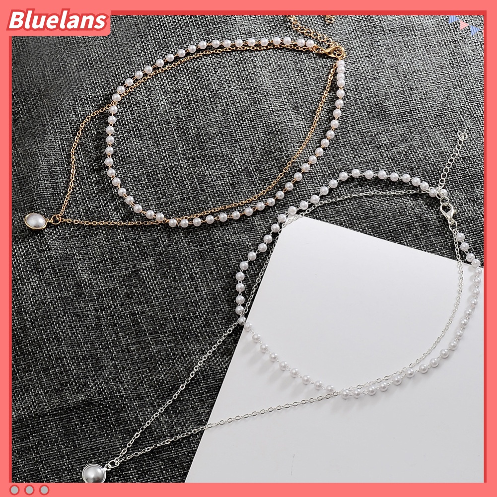 Kalung Rantai Klavikula Liontin Mutiara Tiruan Lapisan Ganda Gaya Simple Untuk Perhiasan