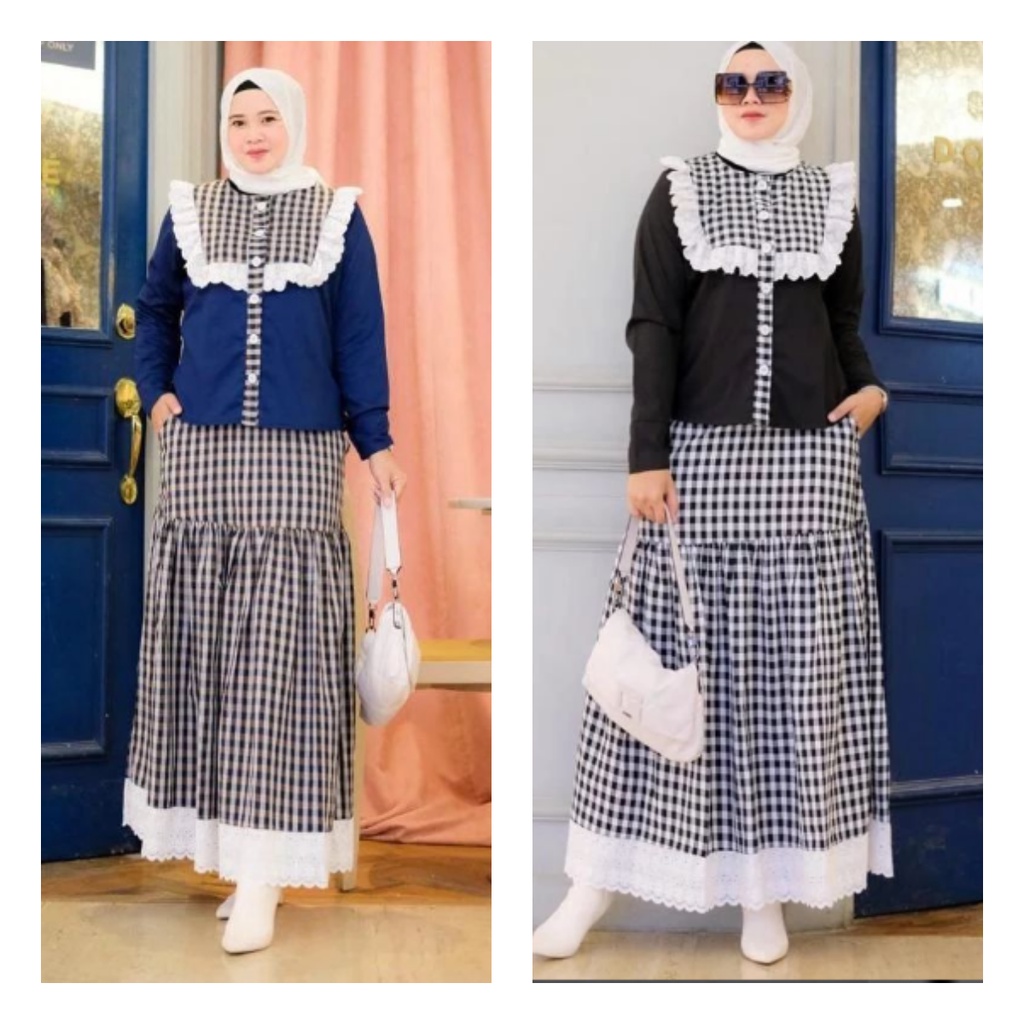 IK Sheena set One set baju + rok wanita muslimah modern shakila mix katun kotak
