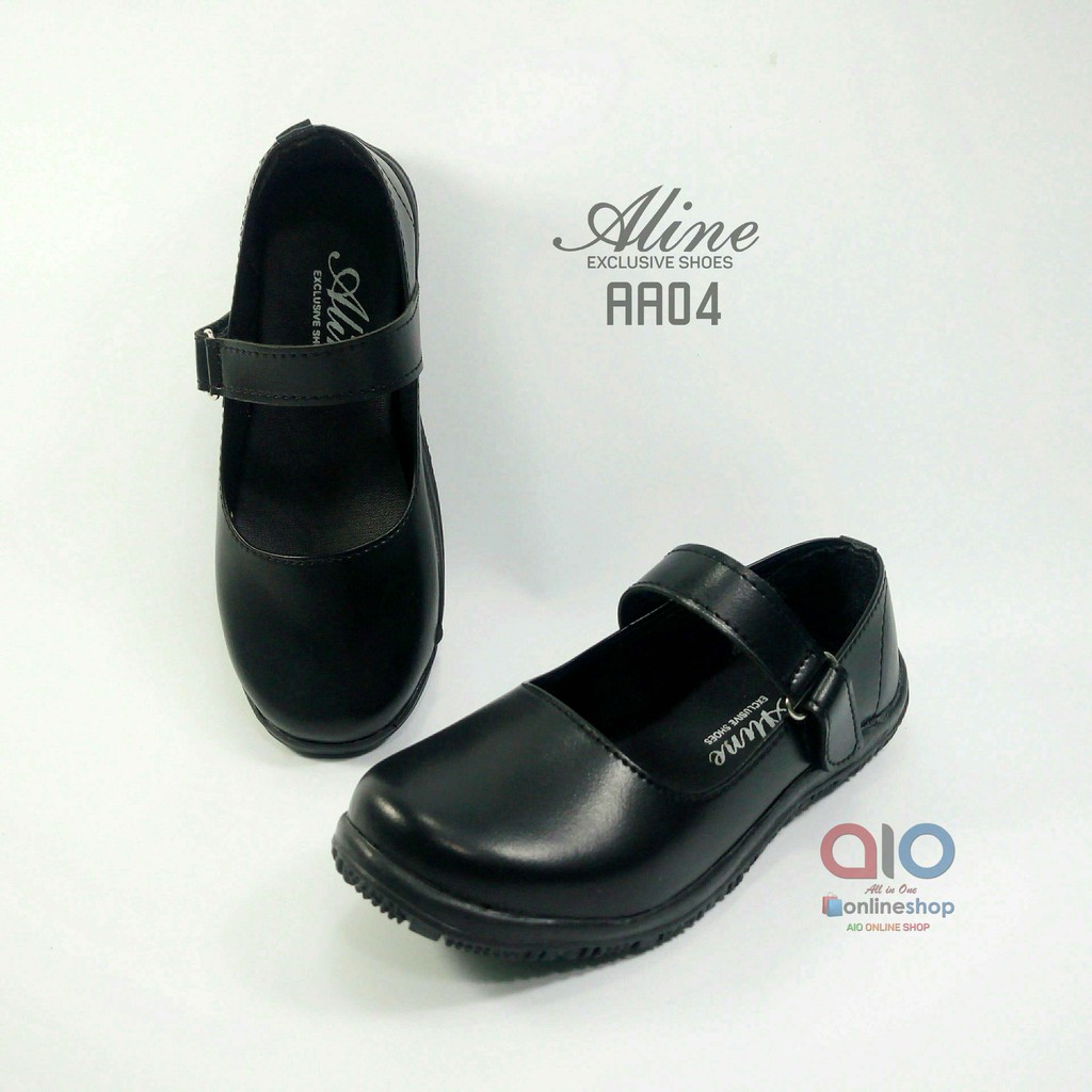 Aline Sepatu Anak Perempuan Size 31-35 Pantofel Paskibra Sekolah Hitam PAUD TK SD Flats AA04