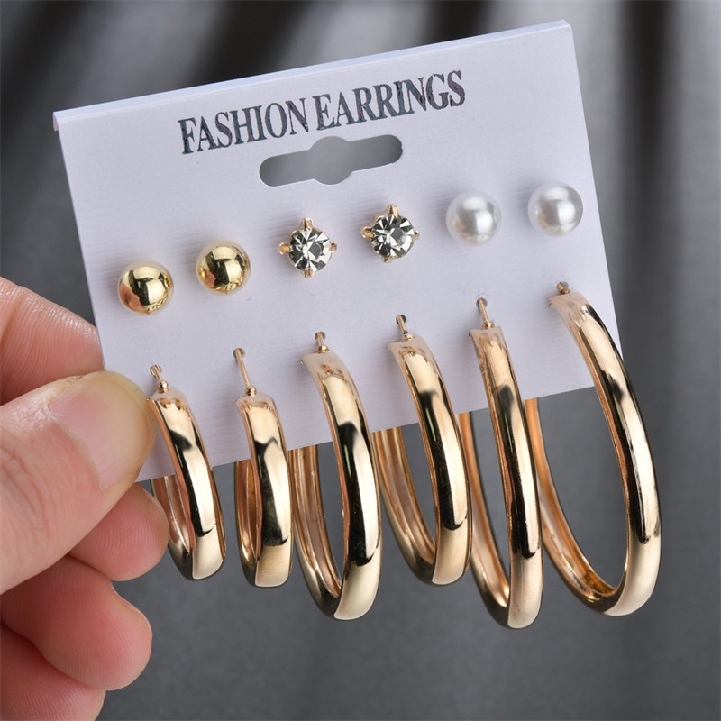 6 Pasang / Set Anting Bentuk Lingkaran Aksen Mutiara Bahan Logam Untuk Aksesoris Wanita