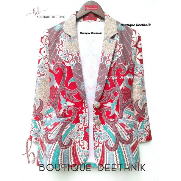 Blazer batik warna merah mix krem baju batik wanita deethnik boutique