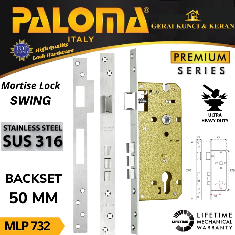 Body Kunci PALOMA MLP 732 PREMIUM SWING 50MM STAINLESS STEEL SUS 316 MORTISE LOCK