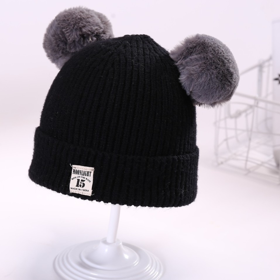 OSM JKT T657 Topi Rajut Pompom Bulu Anak / Topi Kupluk Wool Rajut Hangat Bayi / Topi Anak Unisex-Hitam