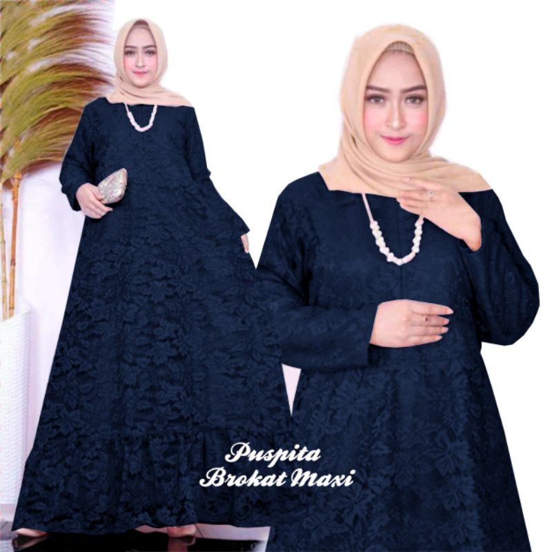 ELDE 5 - Puspita maxi JUMBO dress gamis brukat termurah L XL 3XL 5XL lapis furing seleting depan pinggang blkg karet