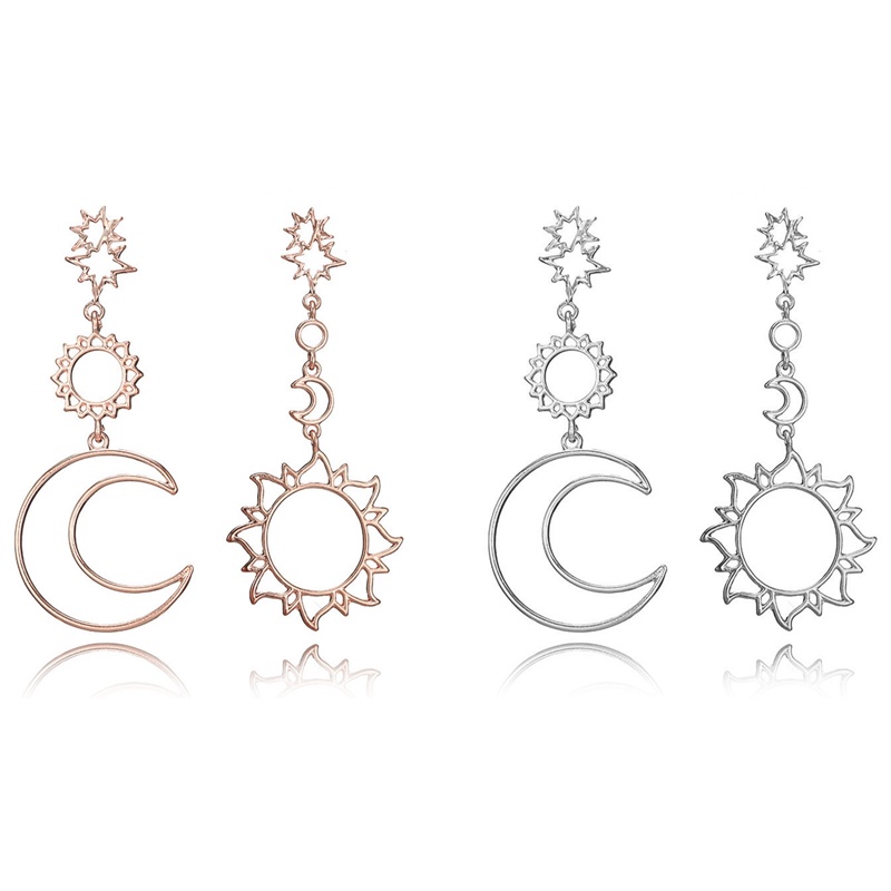 Anting Tusuk Asimetris Desain Matahari / Bulan / Bintang Hollow Gaya Korea / Gothic Untuk Wanita