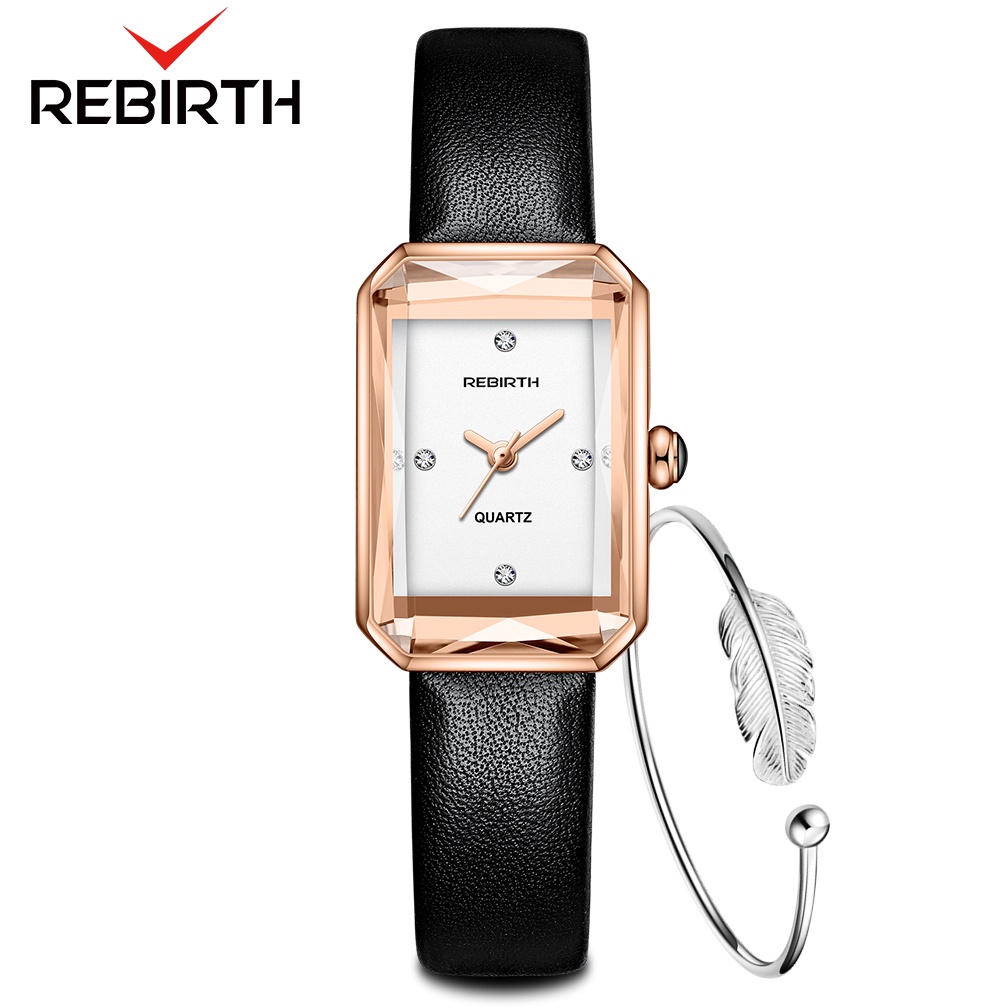 REBIRTH Jam Tangan Wanita Mode Santai Tali Kulit Tahan Air Kuarsa Jam Tangan Cewek-Black