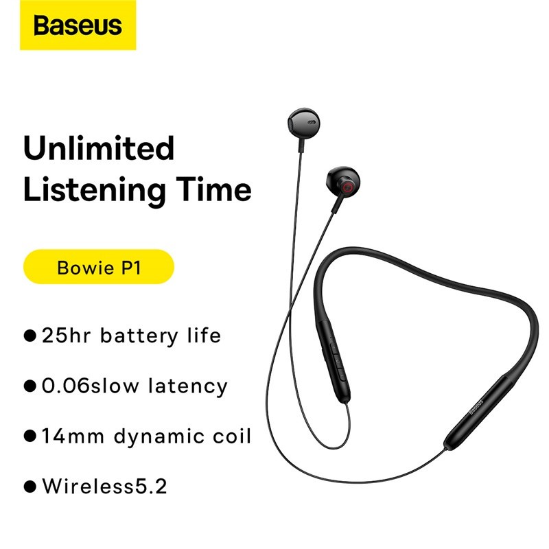 Baseus Sport Bluetooth Wireless Headset Bowie P1 - Half In Ear Neckband Wireless Earphone - Garansi Resmi 6 Bulan