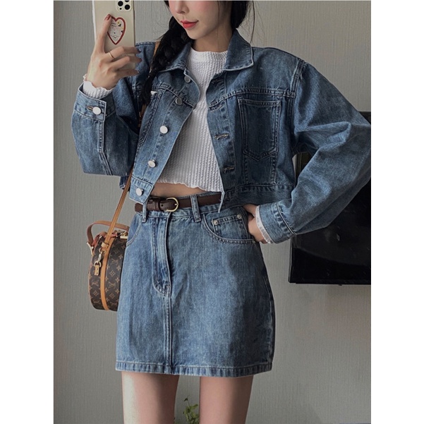 Jaket Denim &amp; Rok Denim Korean Style Fashion Jaket Rok Denim Wanita Koboi Cool Casual