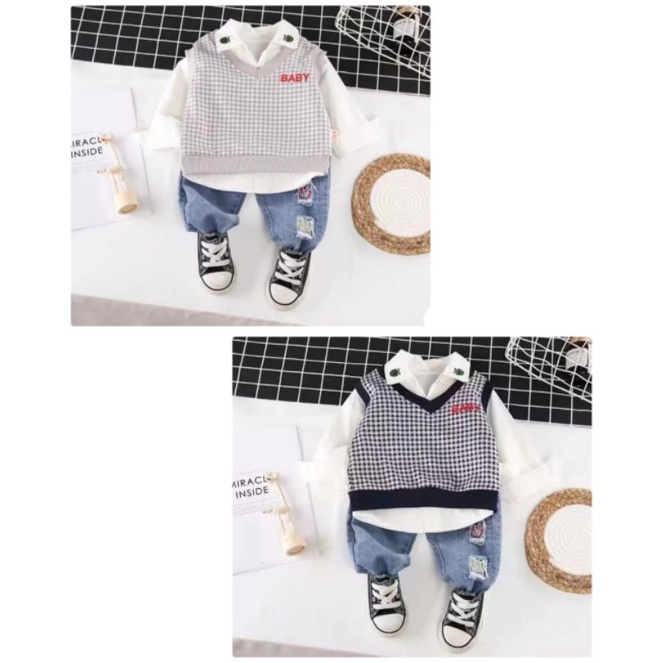 Setelan 3in1 Kemeja Rompi dan Celana Jeans Anak Laki Laki Import Lucu Premiu