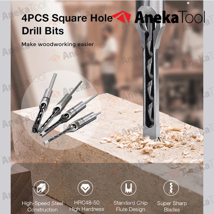 Mata Bor Bobok Kayu Persegi Hole Drill Bit Bahan Baja 4 Pcs / Set