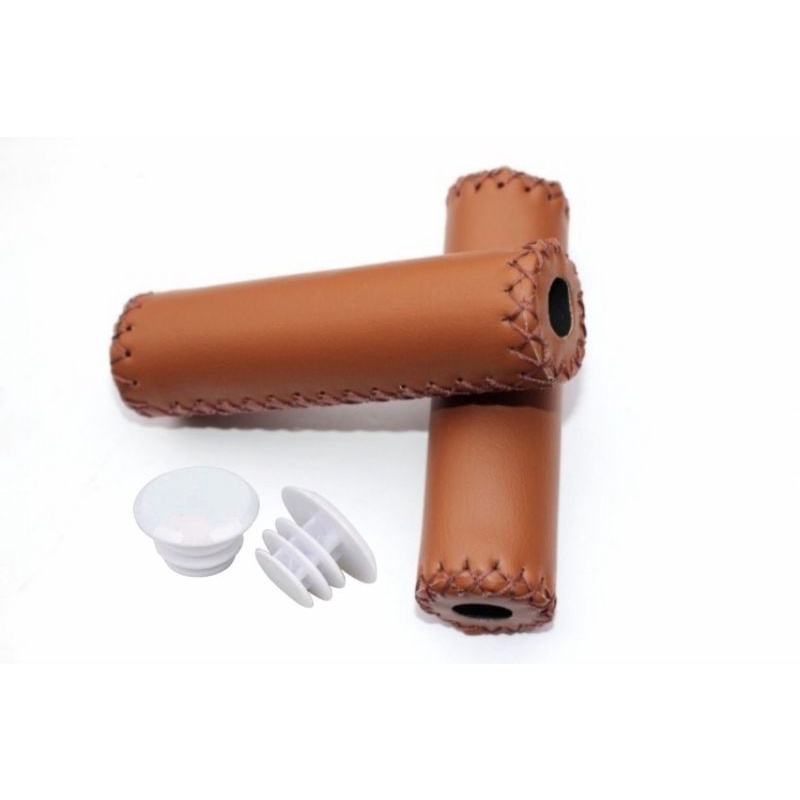 hand grip vintage sepeda coklat hitam brown jadul jahitan empuk 22.2 mm kulit sintetis spons mtb lipat anak fixie cokelat