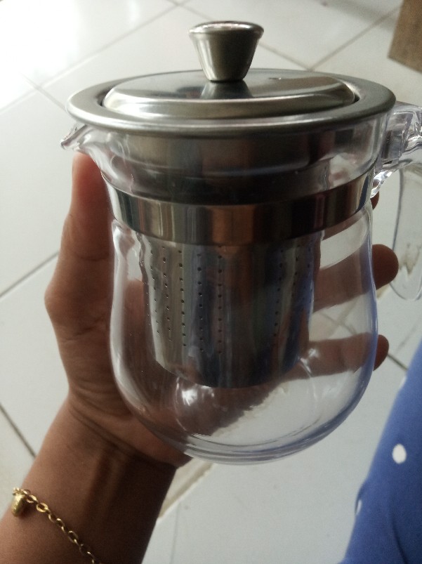 Teapot Kaca 350ml C16 Saringan Teh Stainless Teko Teapot Glass / Gelas Kecil Kaca Tatakan Bambu
