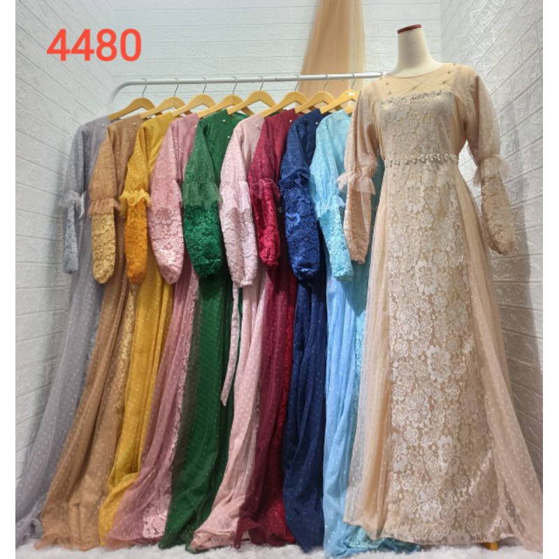 gamis brukat mix ceruty baby doll mix tile lengan balon ,