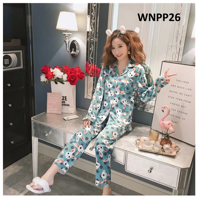 Piyama Wanita Baju Tidur Wanita Kancing Depan Rabbit Dot Green - WNPP26