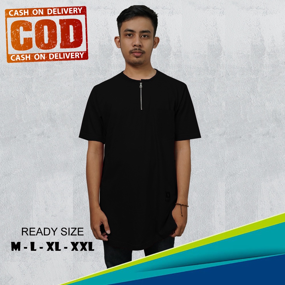 Kurta Unik - Gamis Kaos Muslim Lengan Pendek Hitam Baju Koko Pria Dewasa Kaos Zipper Motif Resleting
