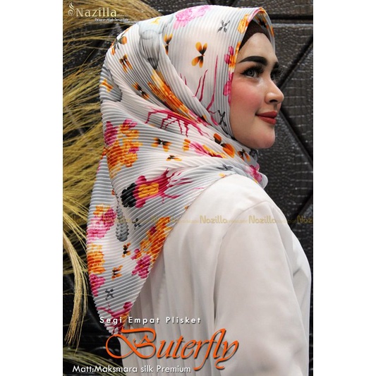 Jilbab Segi Empat Motif Plisket Polycatton Ori Nazilla-Buterfly Grey